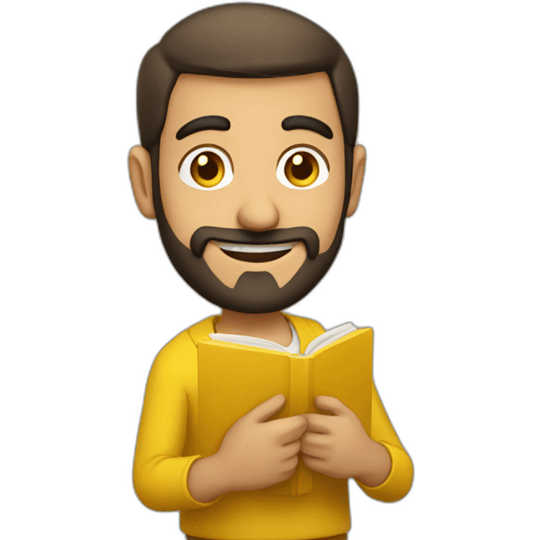 Armenian men with the yellow clothes reading book and looking at camera and smiling  emoji