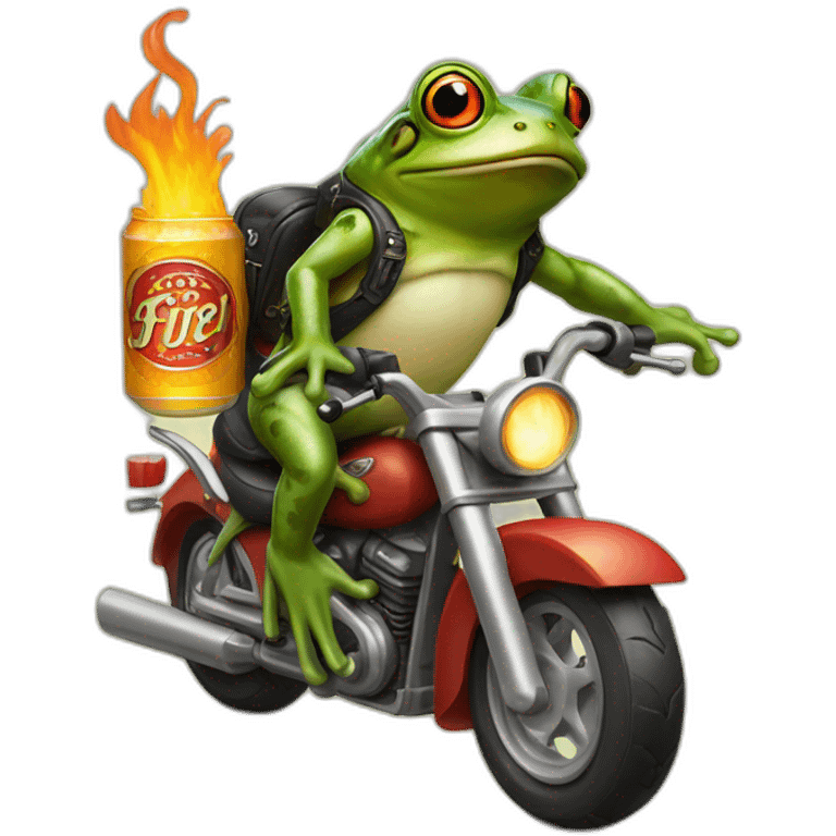 Frog riding motorcycle with fire exhaut and beer in one hand emoji