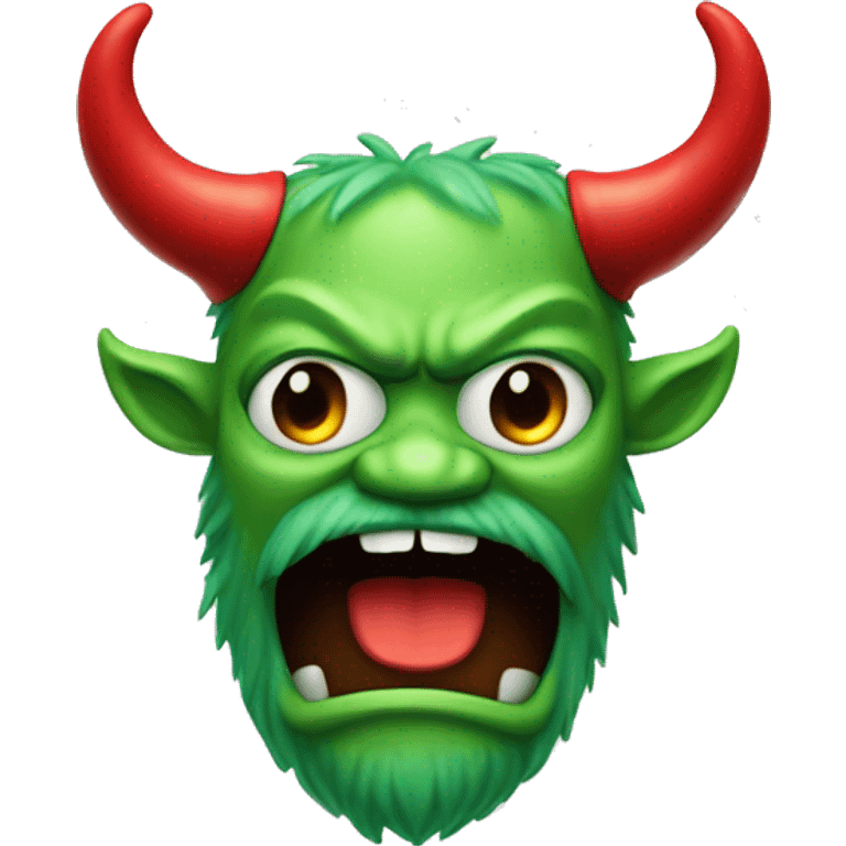 Green monster with red horns. It has a black mustache and beard.  emoji