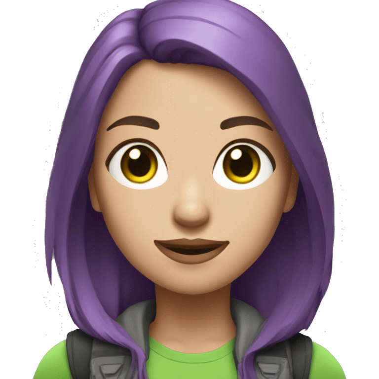 woman gamer with green eyes, brown ash hair with purple inner hightlight hair emoji