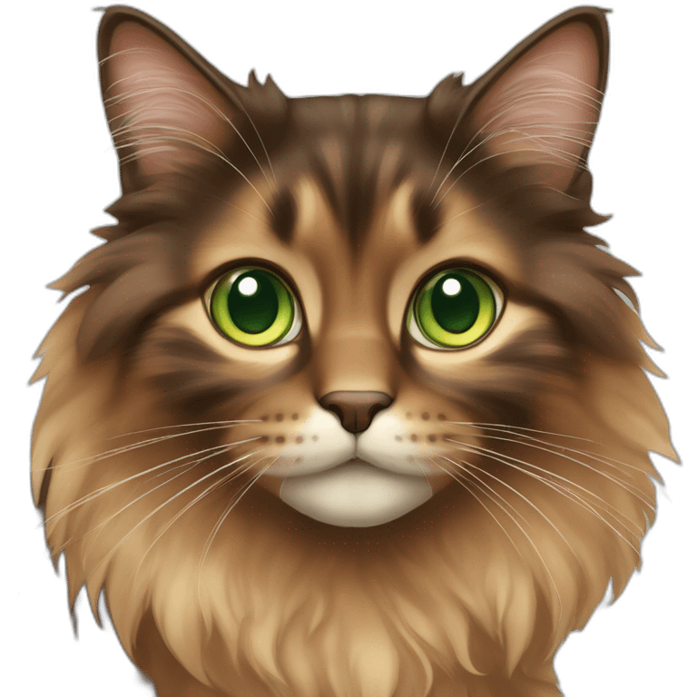 Long-haired, brown and brown calico cat with green eyes  emoji