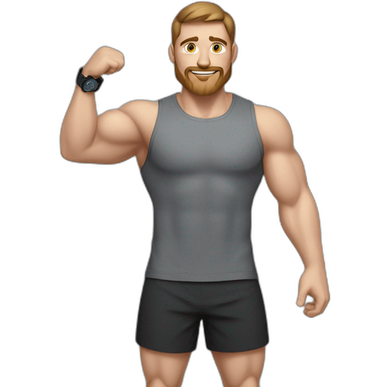 Close up Actively gesturing  with hands Pale skinned Fit Man With the biceps and brown hair in dark gray Sleeveless Mike, black oversize sports shorts, watch and white Sneakers emoji