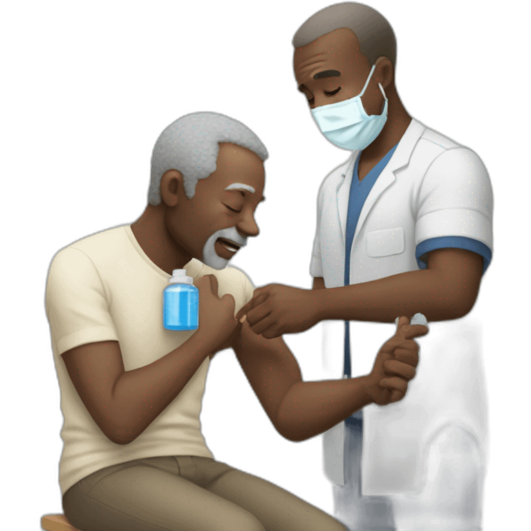 light skinned man giving vaccine to old black man emoji