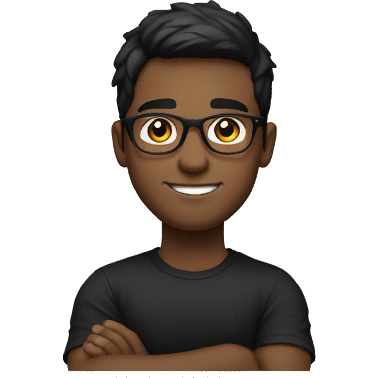 young man with a friendly, confident smile. He has short dark hair and is wearing round glasses. He's dressed in a plain black t-shirt and has his arms crossed emoji