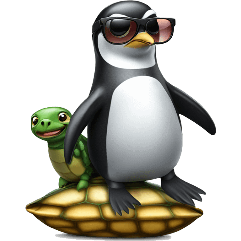 A penguin wearing sunglasses riding a turtle emoji