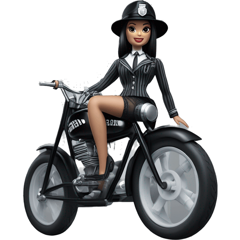 Silkstone Lingerie Barbie, Wednesday Addams from academy in vertically-striped dark-gray and black police officer’s uniform with hat. Leaning back at the hips, riding a wheelie on a hot rod bike smiling  emoji