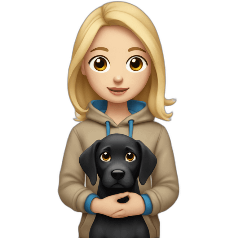 A blonde girl  with blues eyes, with smooth hair and a ray,she has light skin a few freckles, and she wear a hoodies and she Carries in his arms a black baby labrador dog  emoji