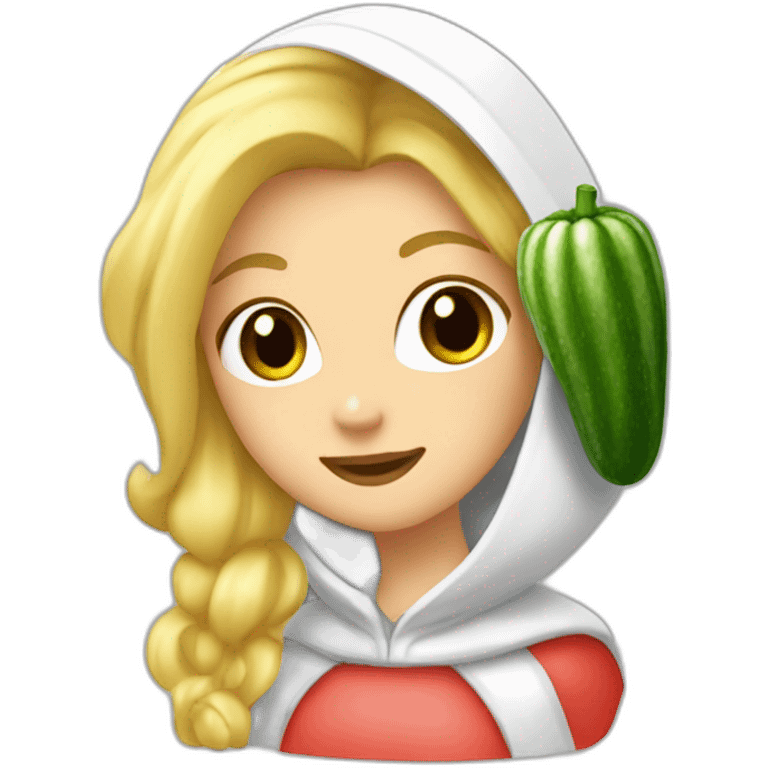 blonde girl  eating  cucumber and tomatoes with white hoodie iridescent and a crown princess emoji