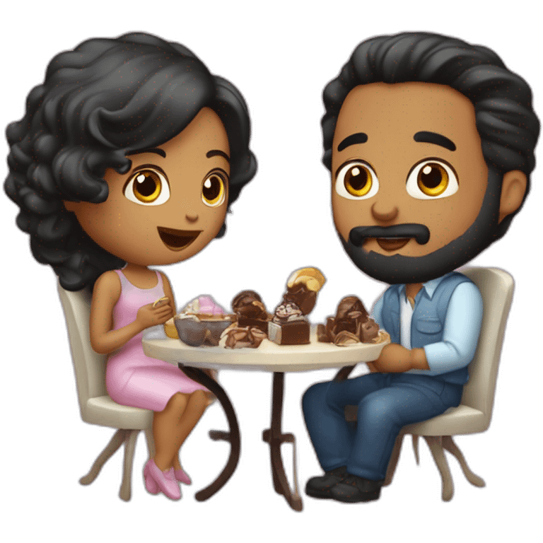 par de novios comiendo chocolates. el chico tiene barba and the girl black hair  emoji