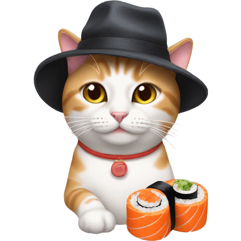 cat wearing a hat made of sushi emoji