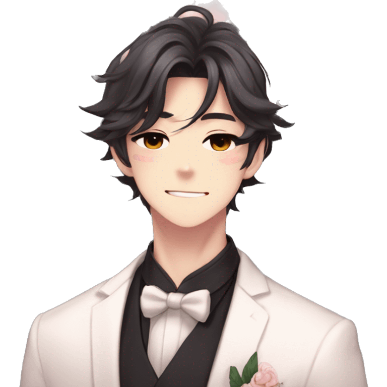 Gorgeous romantic anime style Asian formal modern gentlemanly guy with cat ears and flowers and blushing face aesthetic trending style outside emoji