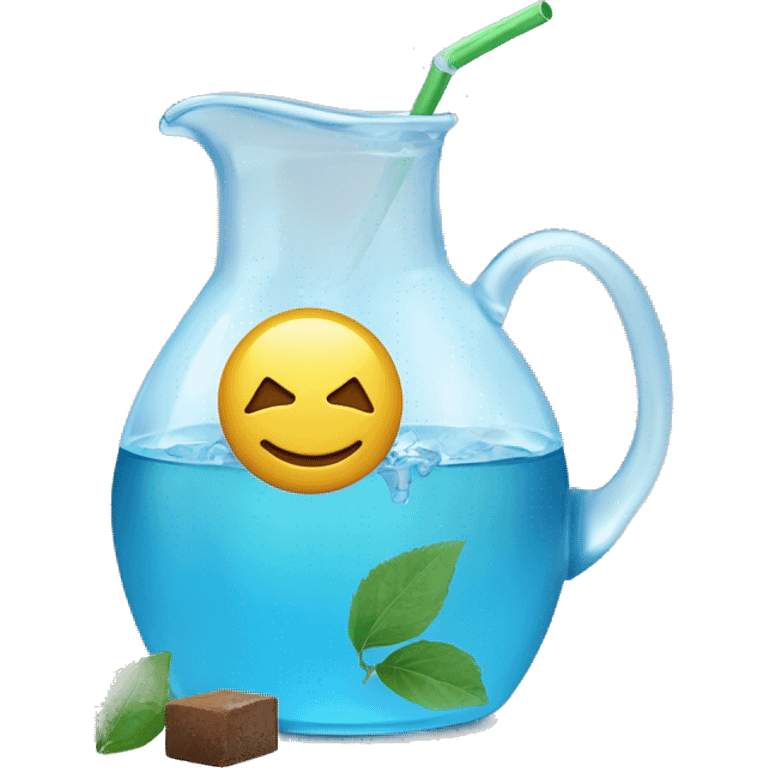 transparent jug of water filled halfway with blue water and three ice cubes floating. beside the jug an additional brown guampa filled with green yerba and a silver straw sticking out. plain background and emoji styled  emoji