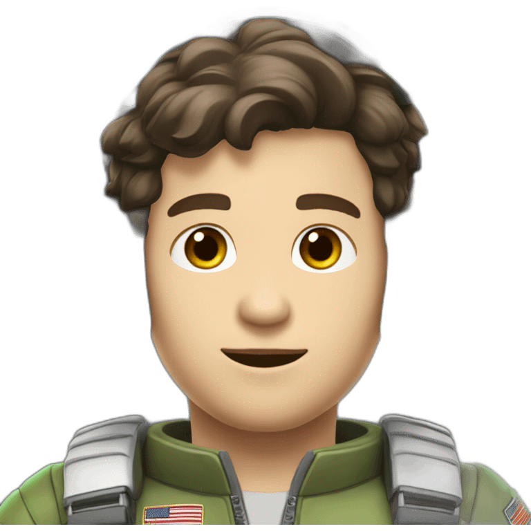 A young white man with dark brown hair and brown eyes in a pilot suit and wearing a green Pilot headset emoji