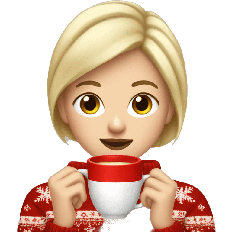 Short haired blonde girl drinking coffee wearing Christmas sweater emoji