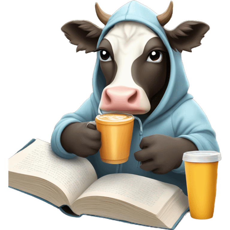 cow wearing a hoodie and sweat pants drinking an ice coffee and reading a book emoji