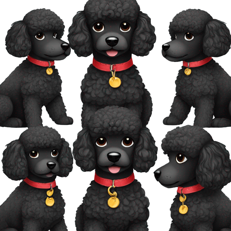 A cute tiny black poodle with black eyes and red collar emoji