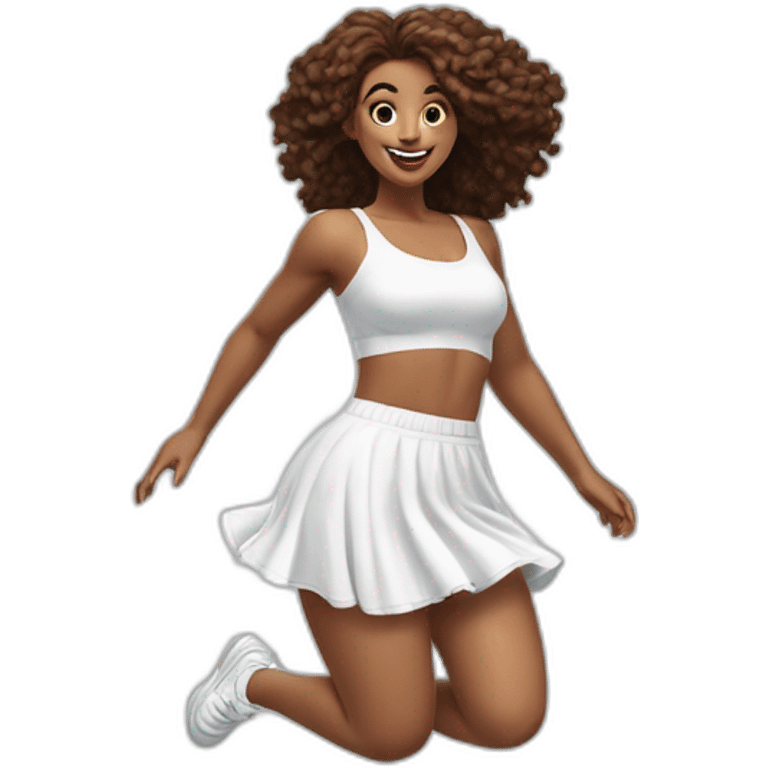 Hyperrealistic Full body Caucasian curvy beauty jumping short white skirt back and front views strong wind knickers long white socks emoji