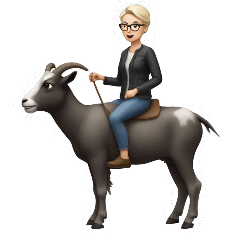 White woman with really short hair and glasses riding a goat emoji