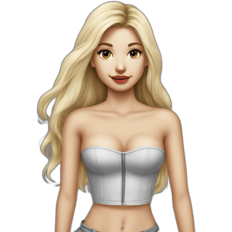 caucasian straight long haired blonde, white bustier, tight grey mini skirt, hyperrealist drawing emoji