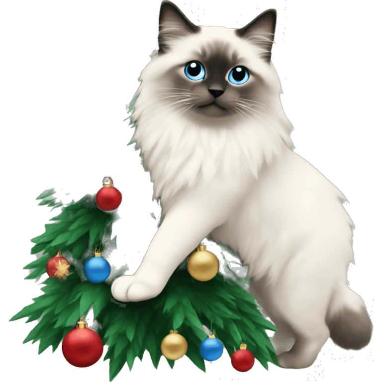 Blue colorpoint ragdoll with dark nose climbing a Christmas tree emoji