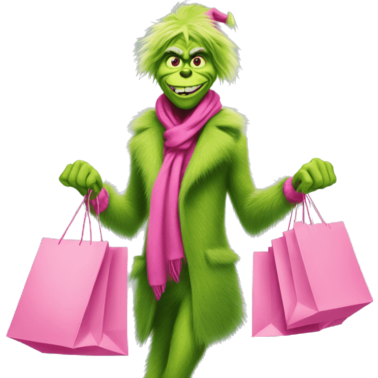 stylish grinch shopping with pink shopping bags emoji