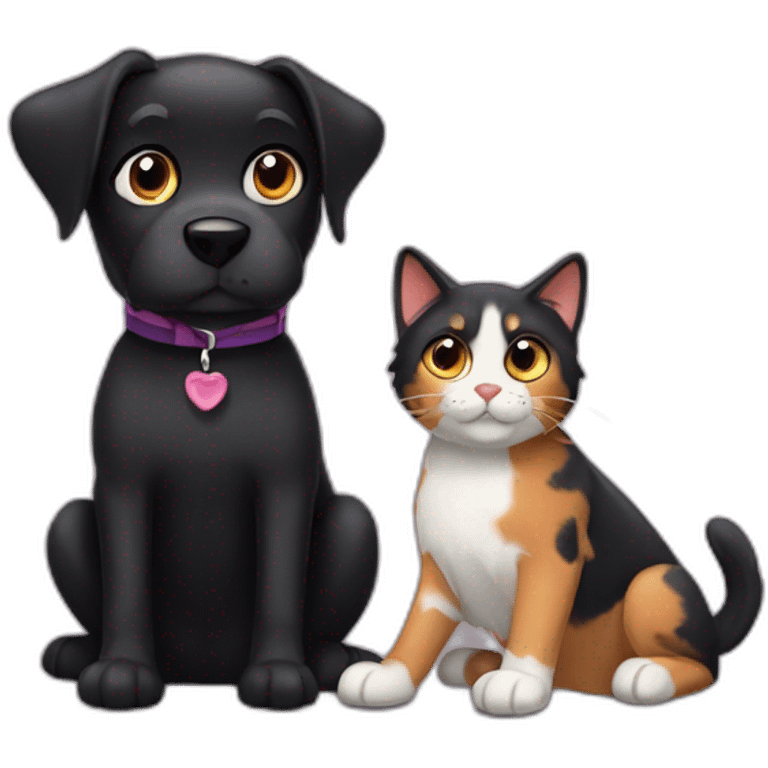 black dog next to calico cat emoji