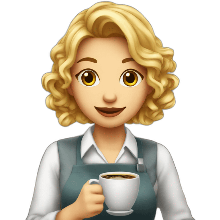 Smocking Female barista wear uniform and stand near coffee shop with cup of coffee emoji