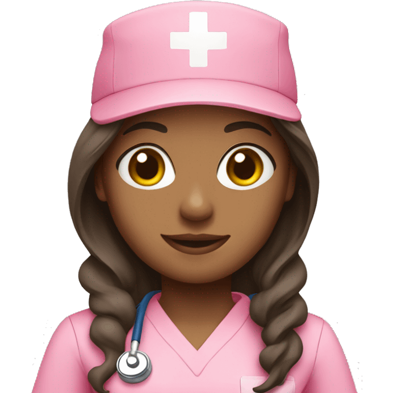 Nurse, woman, long brunette hair, pink scrubs emoji