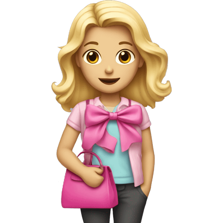 A blonde girl with a pink bow and a bag emoji