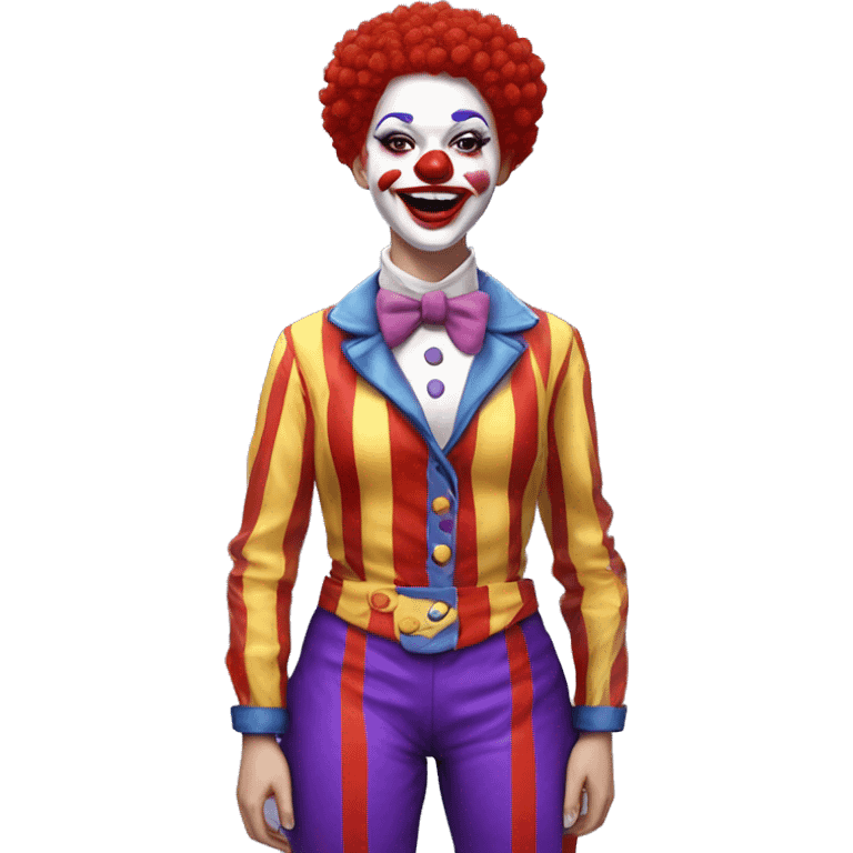 JoJo Tickle (Jojo's circus) female clown white skin, clown red nose, red hair, short hair, blue barret with covered red pompom, yellow shirt with covered paint splatters purple and blue pattern, red pants with orange stripes and white red big shoes emoji