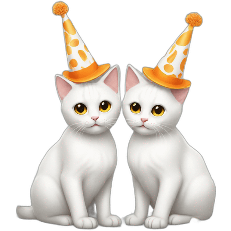 two white cats full body with orange party hats and confetti behind cats emoji