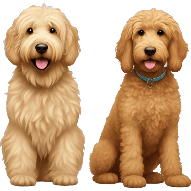 skinny golden labradoodle and big labradoodle playing emoji