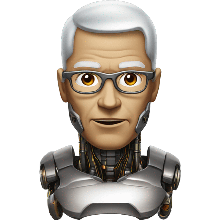 Older Male cyborg head with metallic plated face, brown flat top haircut, glasses and circuitry emoji