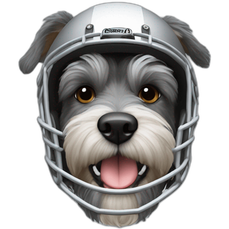 A dog schnauzer wearing football pads and helmet of the Bears emoji