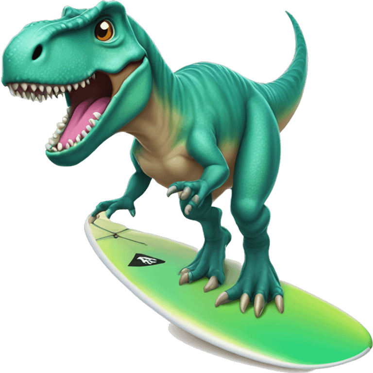 T-Rex com um tutu em uma prancha de surfe emoji