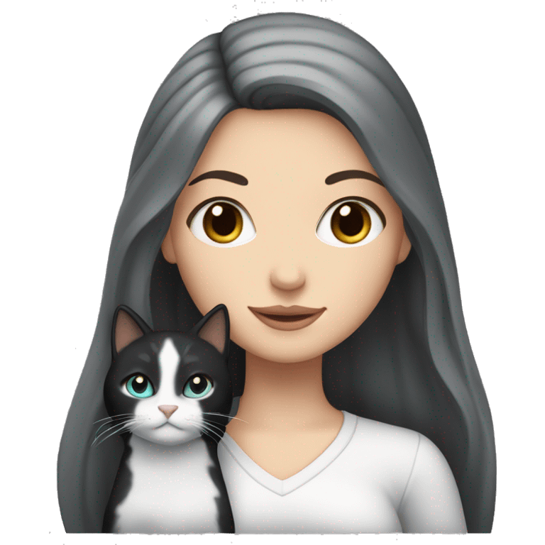 White girl with long black hair and black eyes holding a grey cat emoji