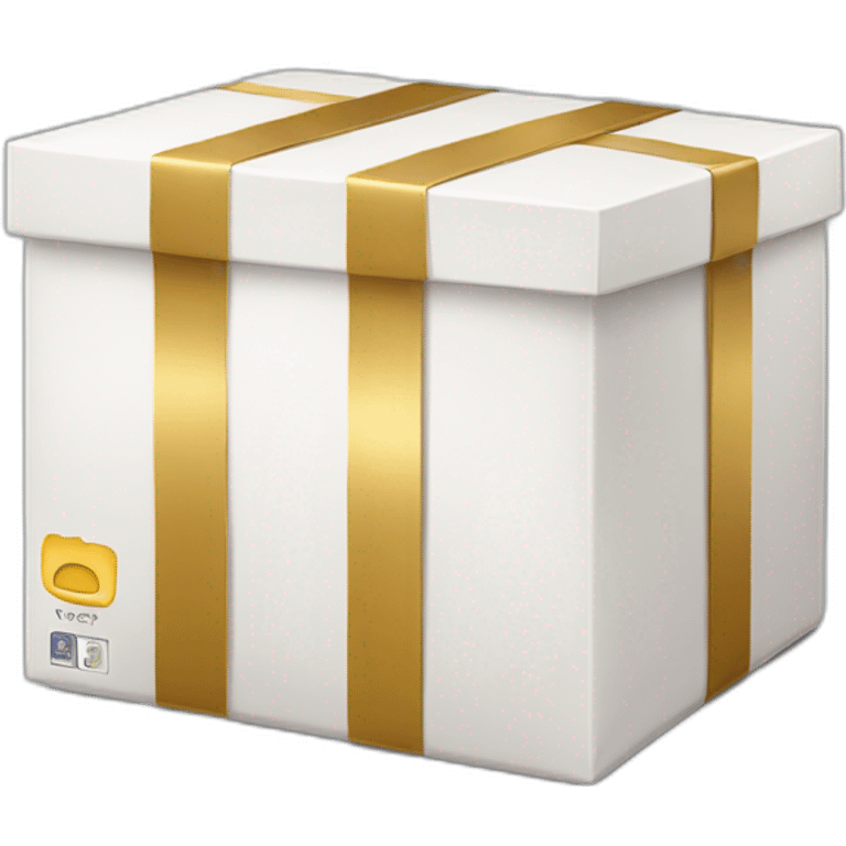 white delivery package, box, emoji, with gold strap around it emoji