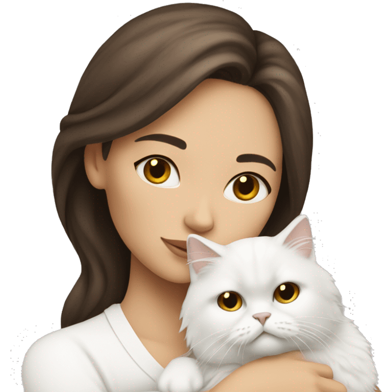 Brunette woman snuggling white Persian cat emoji