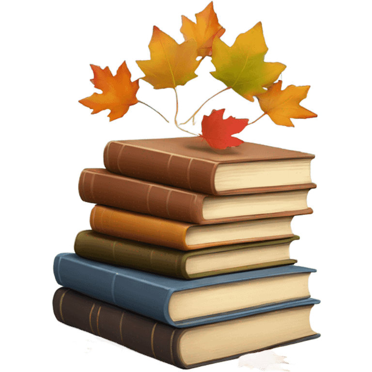  A stack of miniature books with autumn leaves scattered around. emoji