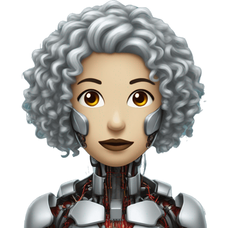 Silver curly hair female cyborg head with red mask and circuits emoji