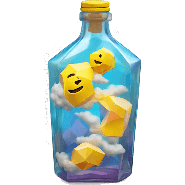 clouds in a bottle sculpture symbolizing Gemini with a geometric, faceted design. The bottle is standing upright with angular and disney features. The vibrant yellow lightning colors highlights the sharp edges and planes.  emoji