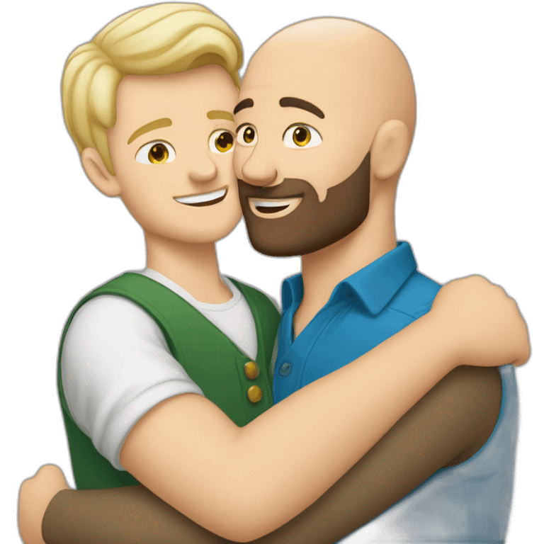 Tall Hungarian 50s blond blue eyes bald bearded man hugs African bald  bearded 50s man emoji