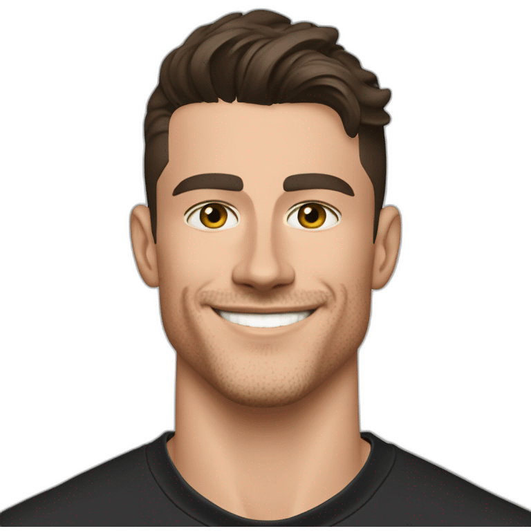 Mason mount Cristiano Ronaldo 30 year old Silicon Valley product designer smiling with stubble and mustache in a black tshirt with broad shoulders profile photo emoji