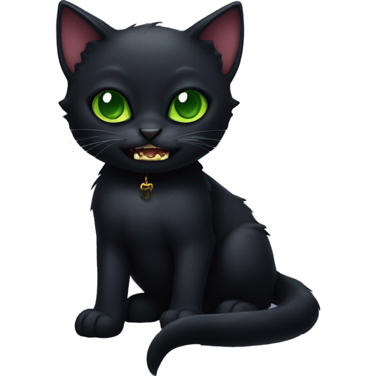 Black kitten with big green eyes and vampire-like fangs  emoji