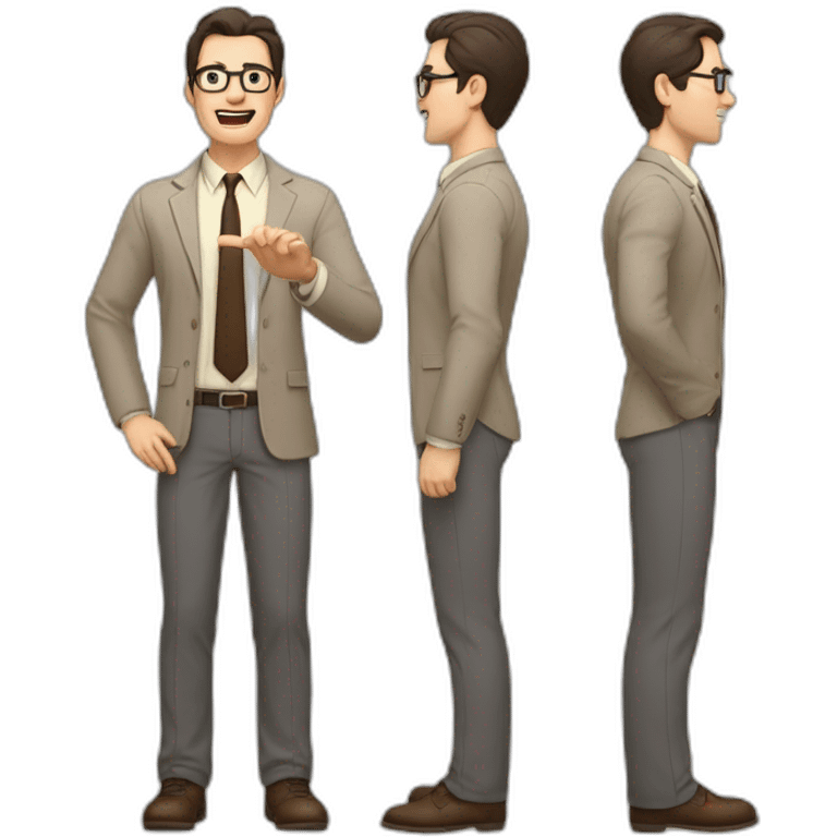 To belt Actively gesturing with hands Pale skinned fit man teacher with dark brown hair in gray jacket, beige office shirt, brown tie, brown pants and vintage glasses. emoji