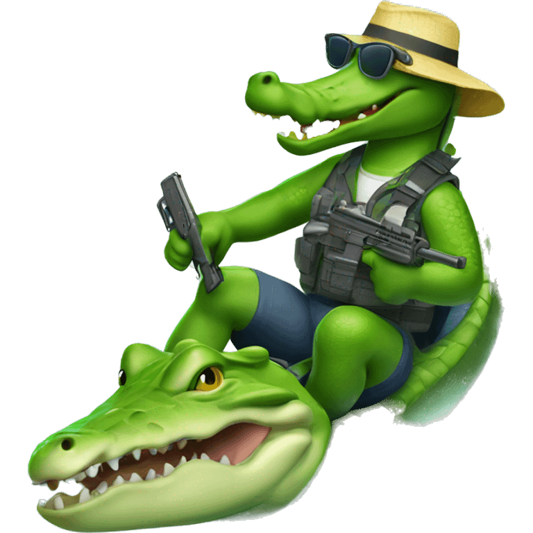 alligator in beach attire with gun surfing  emoji