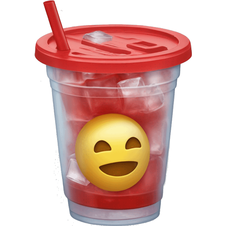 Realistic plastic cup and lid with Transluscent red soda and large ice cubes inside and one straw through the top of the lid. emoji