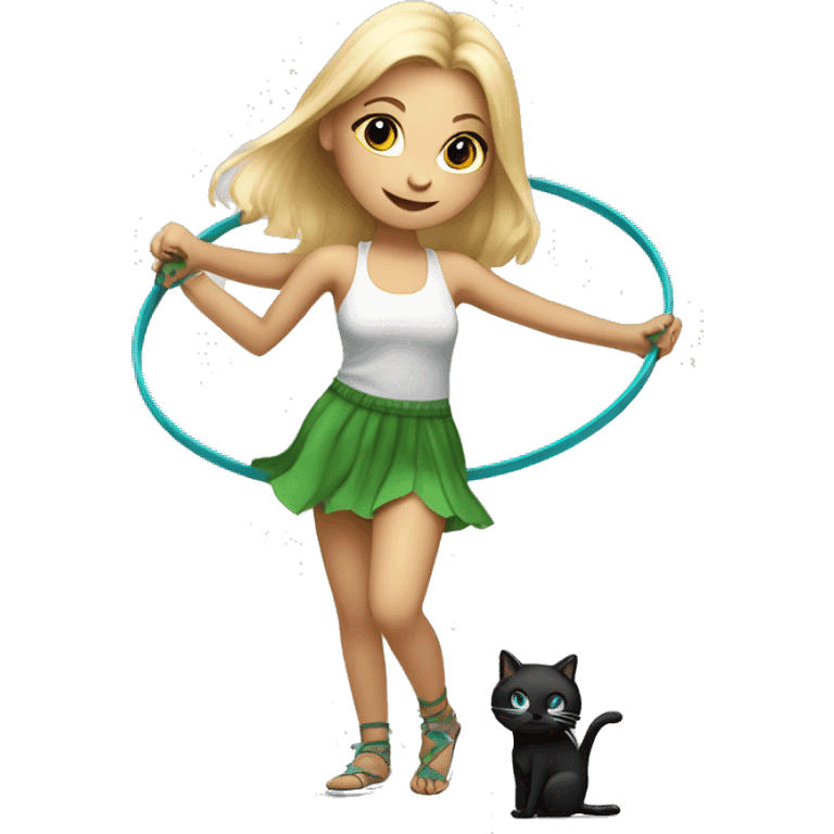 Blonde girl with hula hoop dancing with a small black and white cat emoji