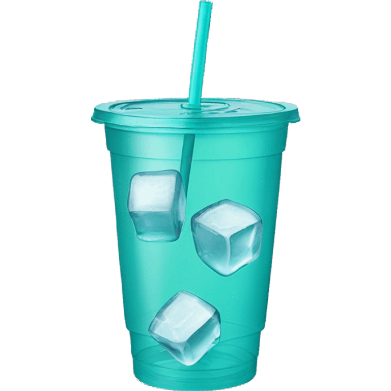 Realistic plastic cup and lid with Transluscent teal and large ice cubes inside and one straw through the top of the lid. emoji