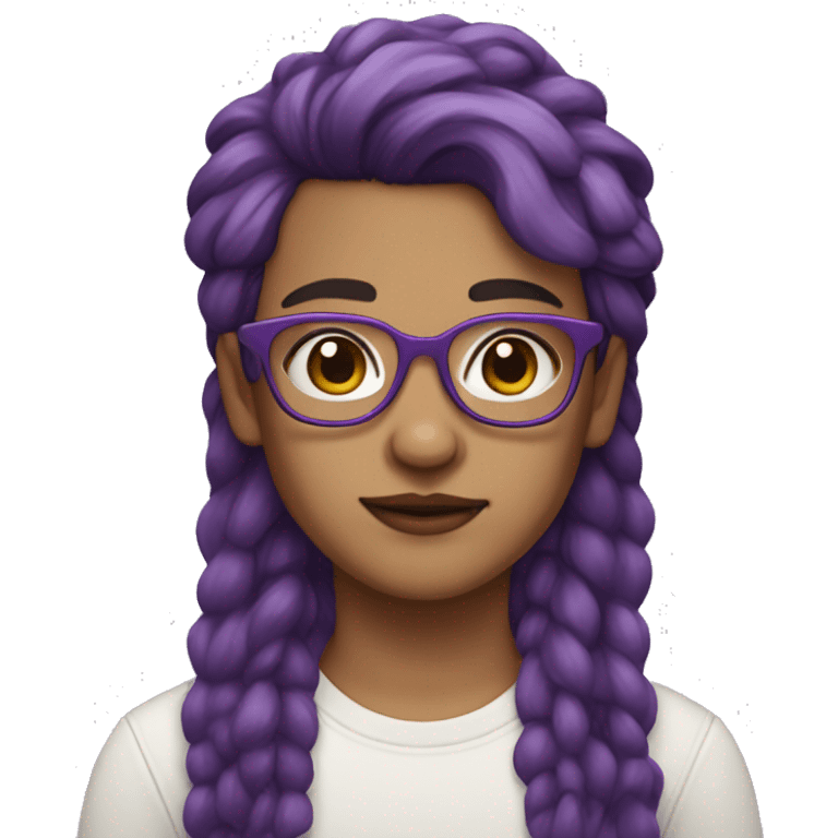 Non binary person with square glasses, brown eyes, purple hair in a pixi mullet  emoji